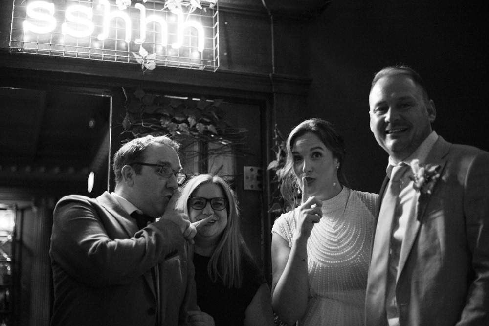 Fun wedding reception moment at Lost and Found Leeds Club entrance