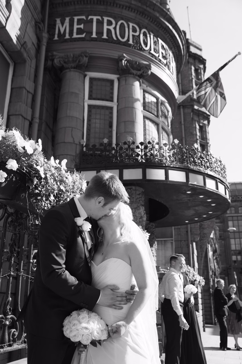 Couple portrait outside The Met Hotel Leeds after cathedral wedding ceremony