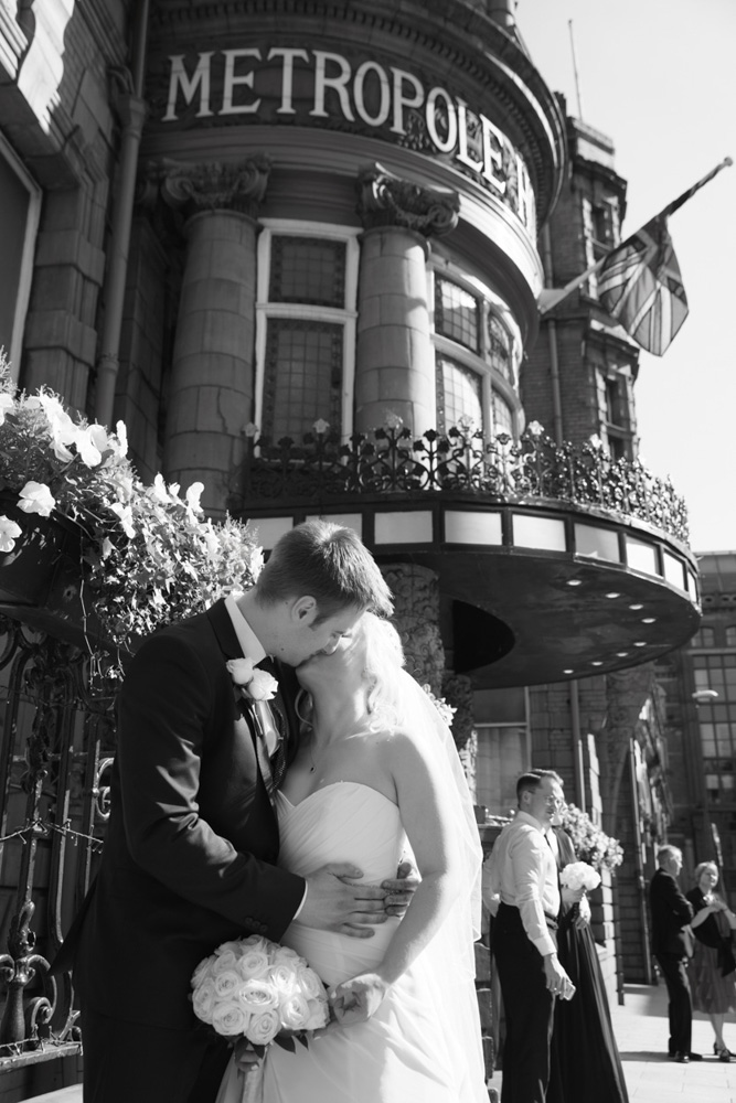 Couple portrait outside The Met Hotel Leeds after cathedral wedding ceremony
