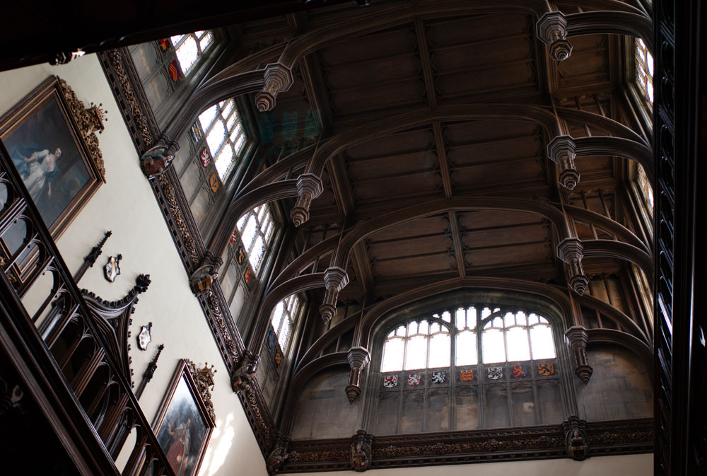 Wooden arched roof and high window detail inside the Allerton Castle ceremony space