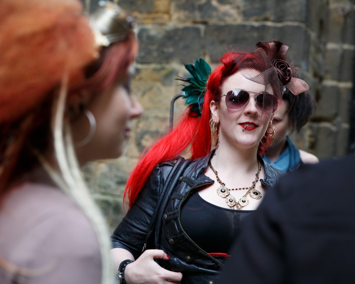 007 guest bright red hair steampunk style kirkstall abbey wedding linsey and chris