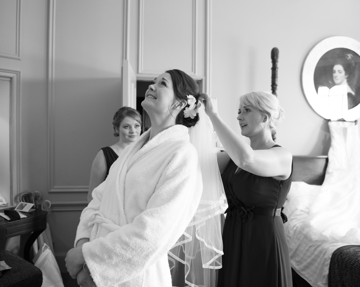 Bride’s veil positioned during preparations at Wood Hall Hotel & Spa