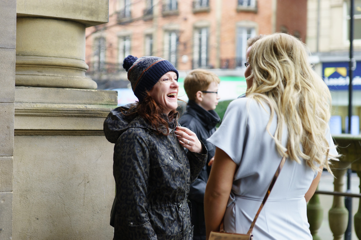 Wedding guests arriving outside Sheffield Town Hall