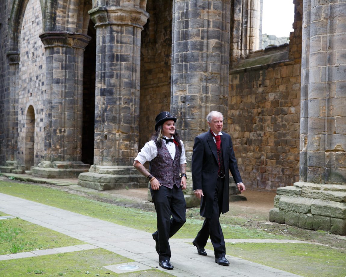 008 best man and father walk the long church aisle kirkstall abbey wedding linsey and chris
