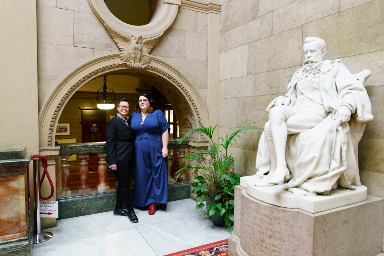 Relaxed couple portrait inside Sheffield Town Hall before the ceremony