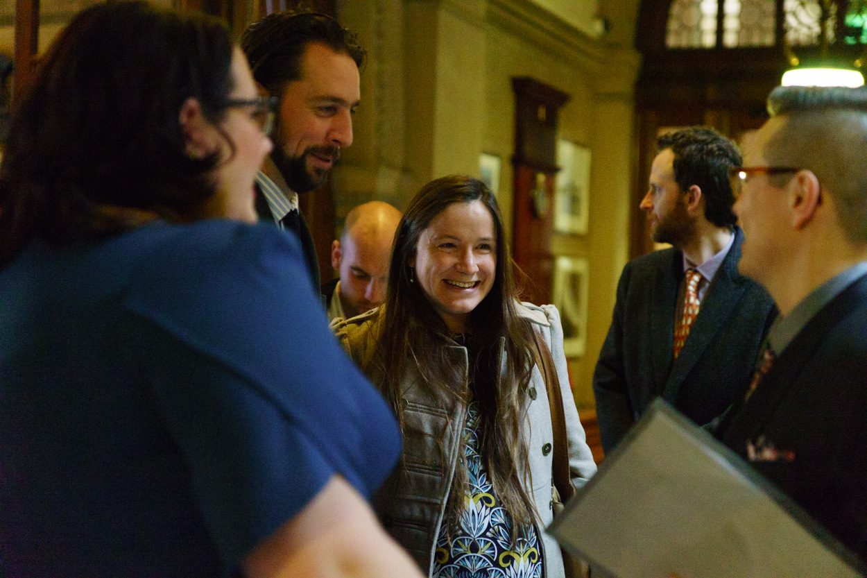 Candid moments of friends chatting inside Sheffield Town Hall