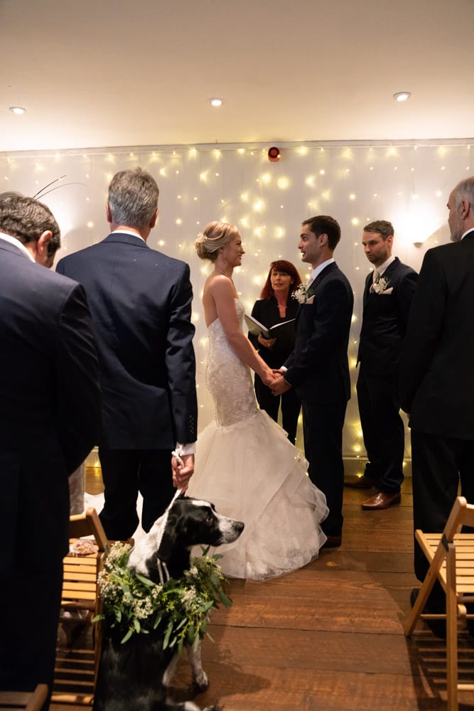 Bride and groom stand facing each other, hands joined as the Chilli Barn ceremony begins.