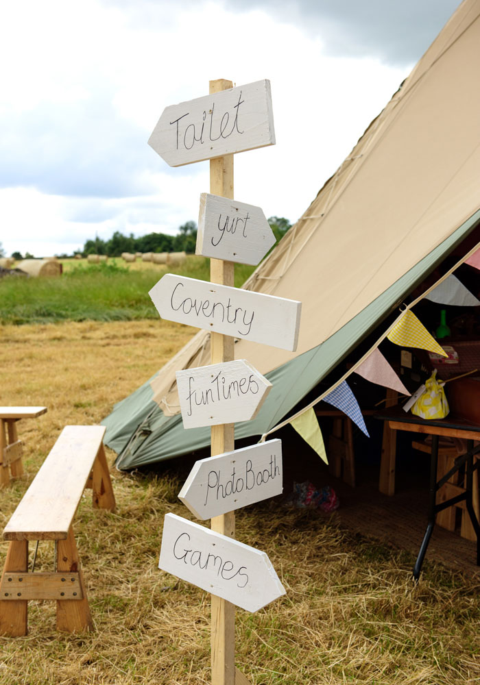 Directional signs outside the Papakata tents at the West Yorkshire field reception.