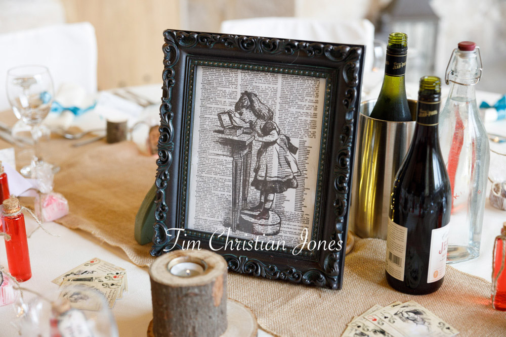Creative Alice in Wonderland wedding center-piece at Barden Tower.