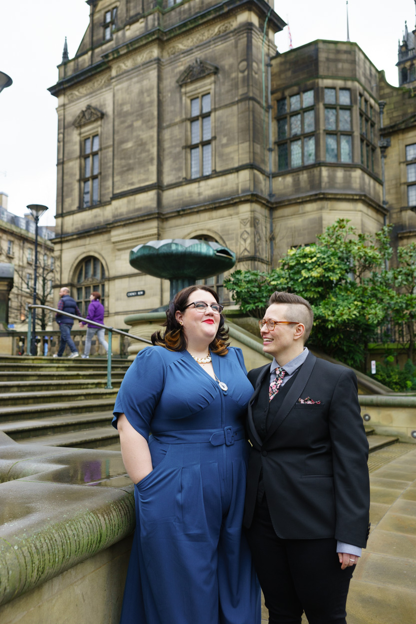 Relaxed just-married portrait in Sheffield city square