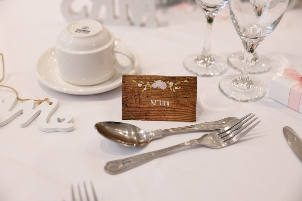 Matthew’s name card placed carefully on the wedding breakfast table.