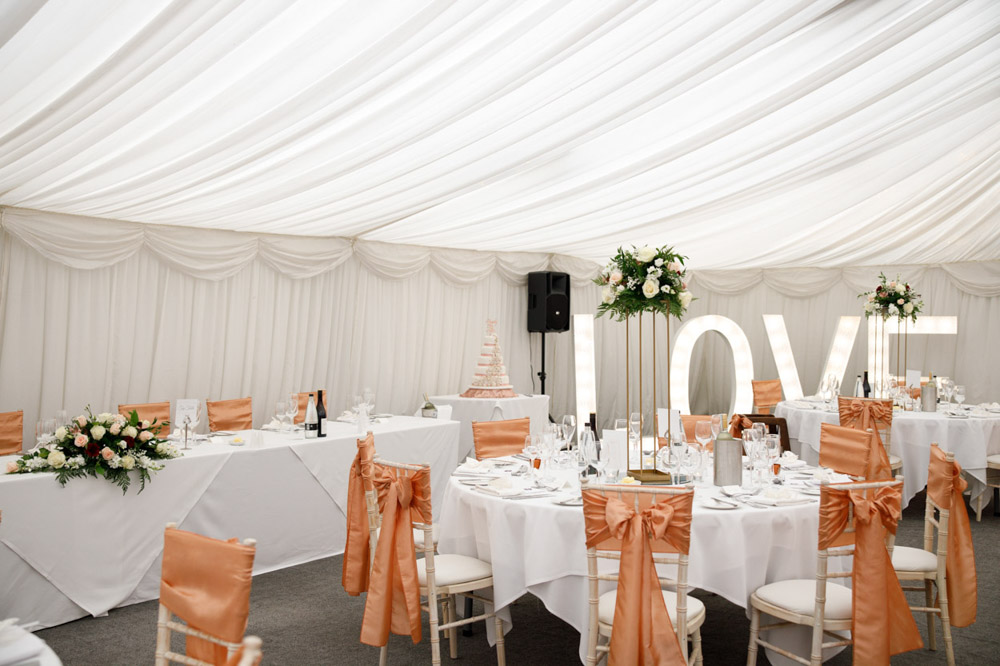 The marquee set up with a glowing love sign