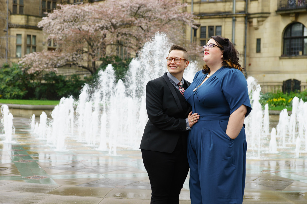 Couple by the Goodwin Fountain in Sheffield city centre