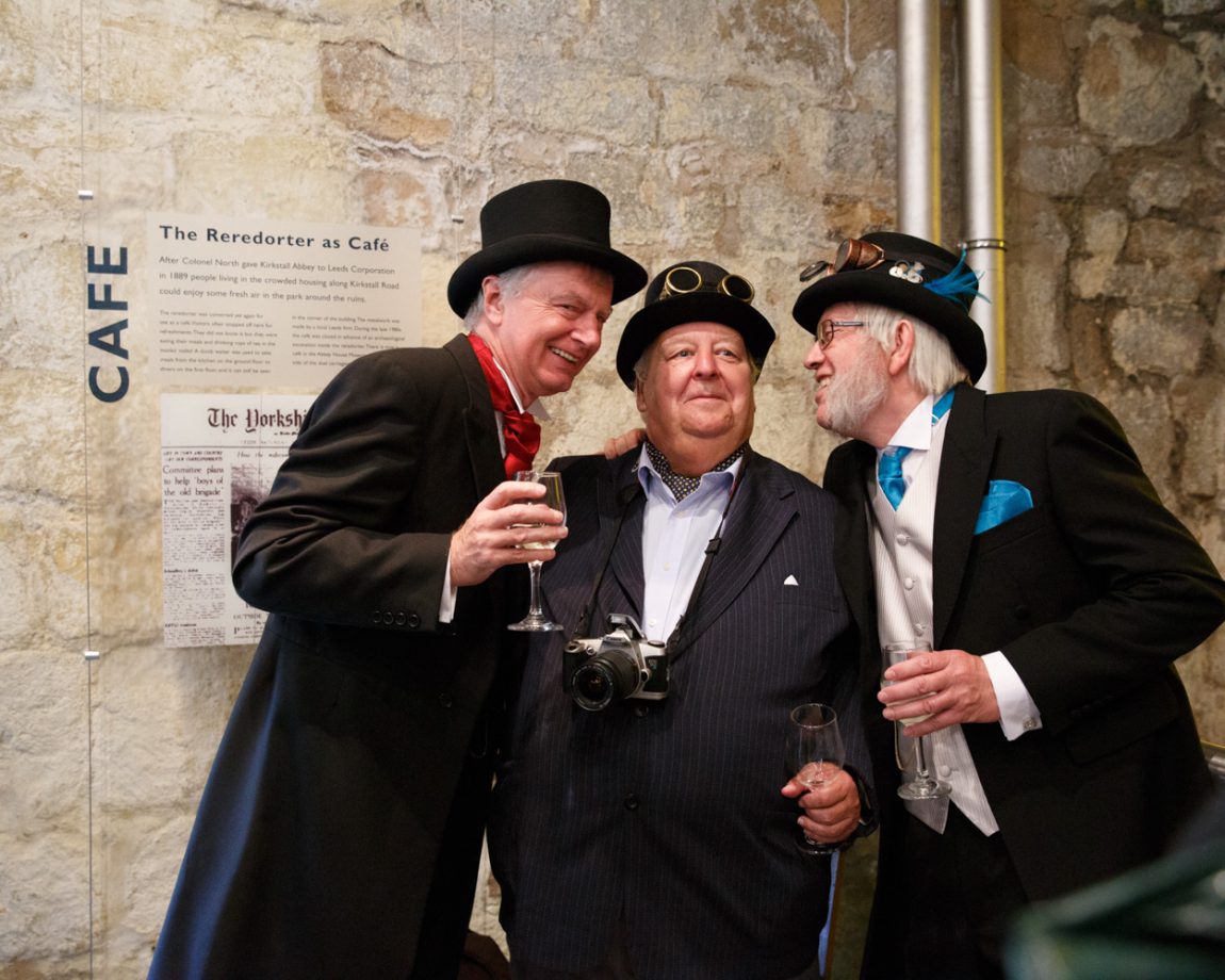 071 three gents in steampunk style pose kirkstall abbey wedding linsey and chris
