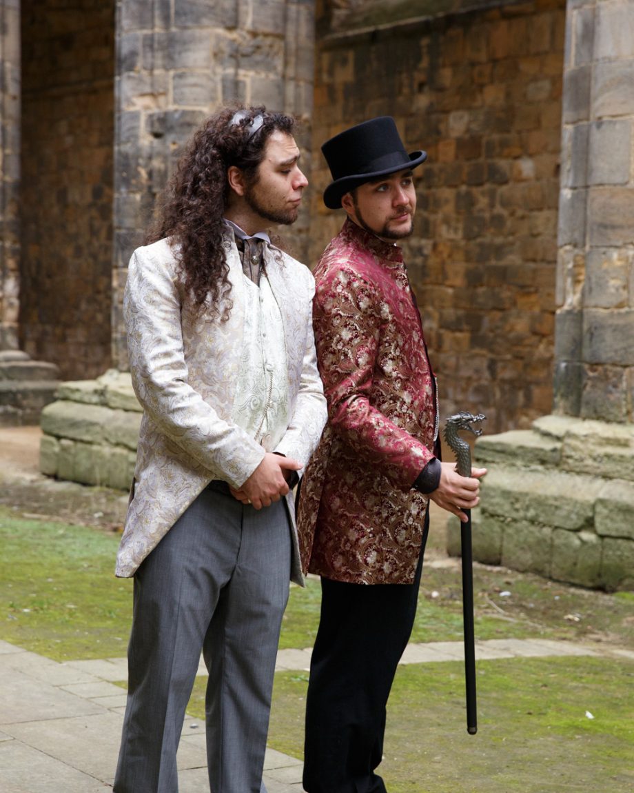 079 groom and best man pose in theme steampunk style kirkstall abbey wedding linsey and chris