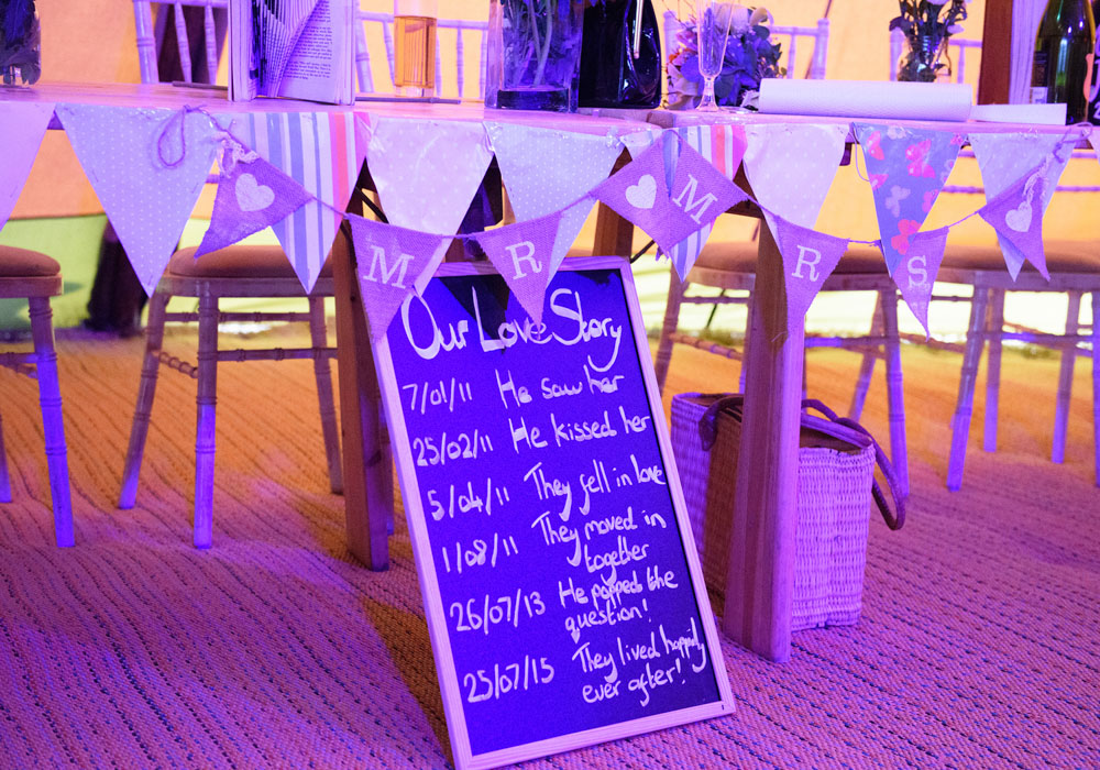 ‘Our Love Story’ chalkboard sign displayed inside the Papakata tent.