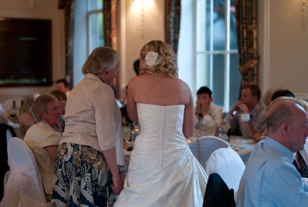 The back of Dani’s dress as she walks around the tables, pausing to greet a guest.