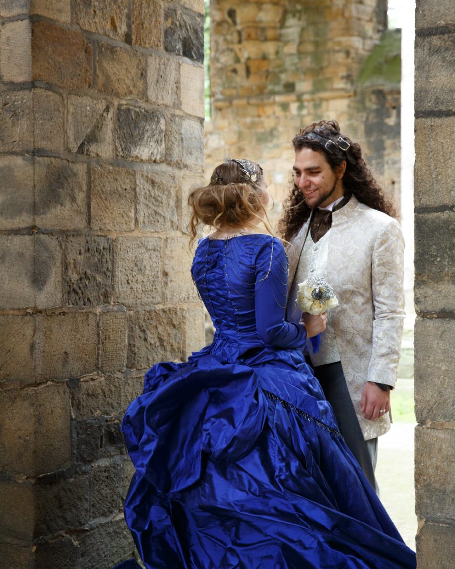 086 the back or linseys blue wedding dress detail kirkstall abbey wedding linsey and chris