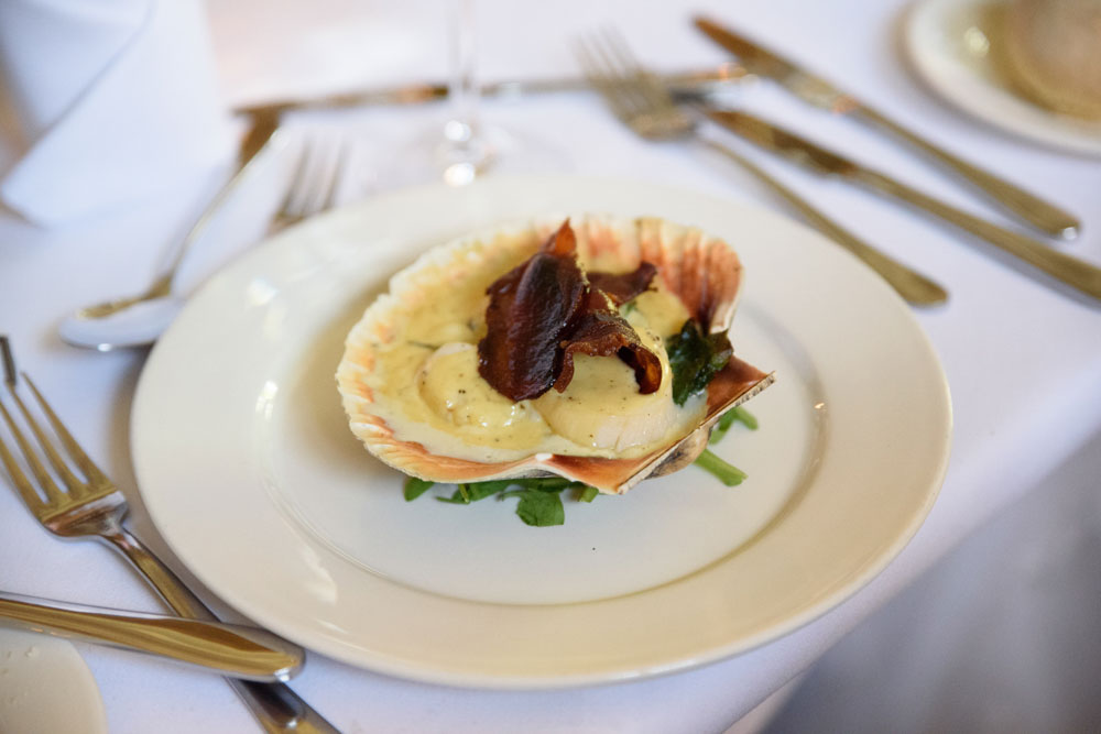Close-up of scallops served as a starter.