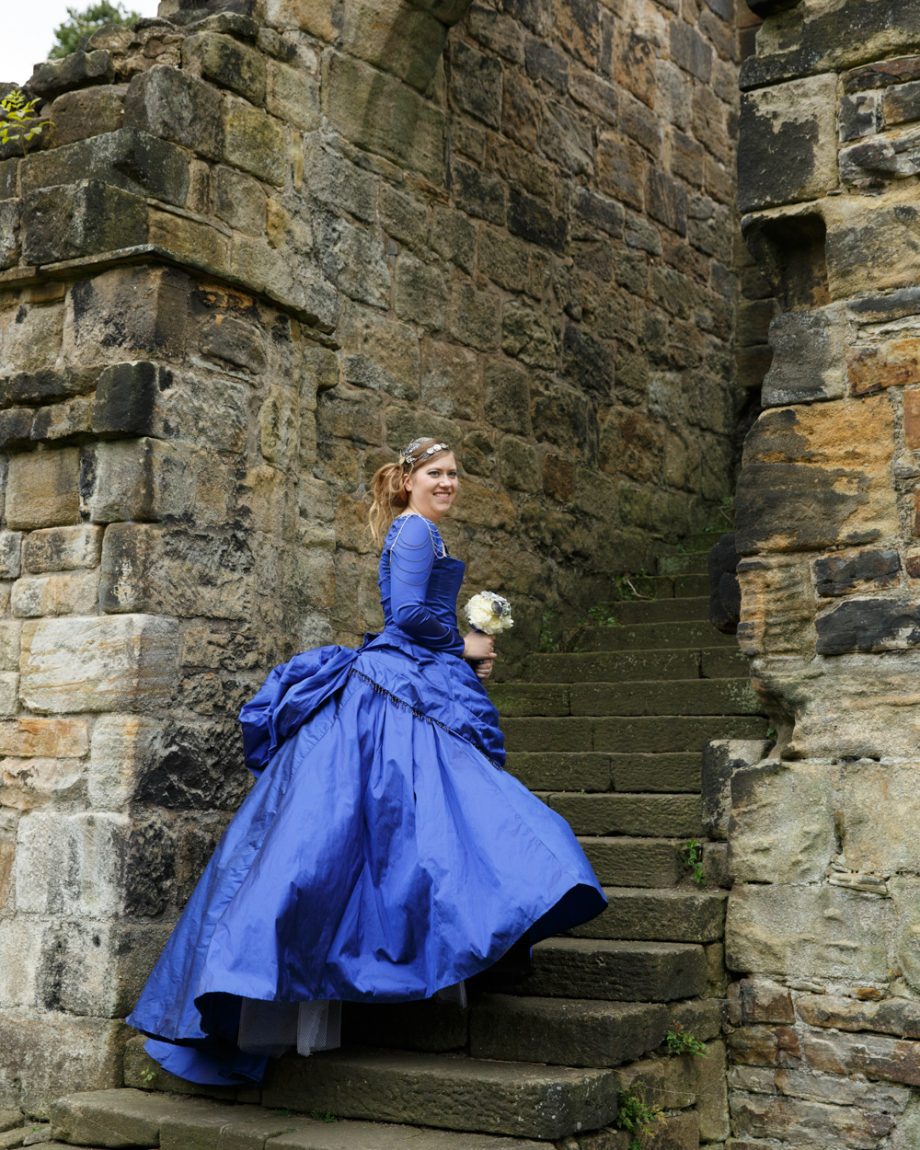 088 linsey the dress on the steps leading up kirkstall abbey wedding linsey and chris