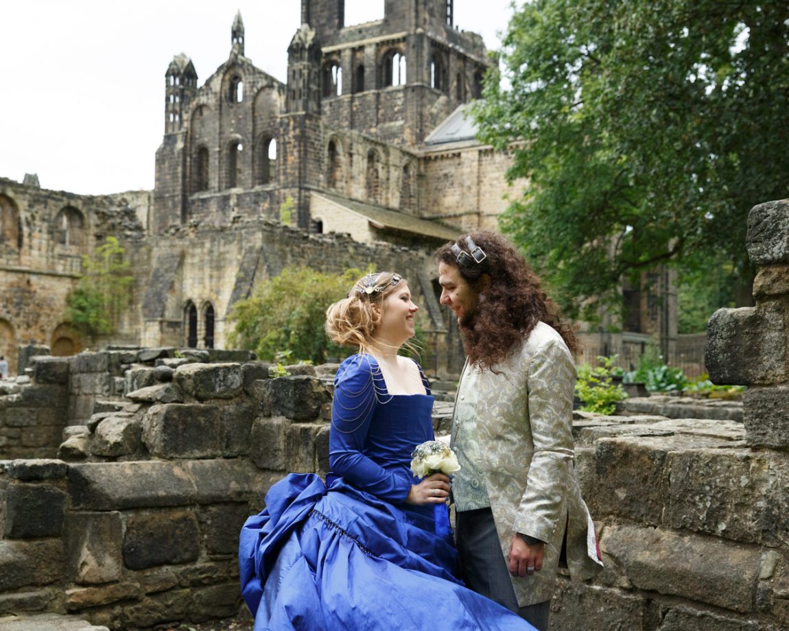 090 the couple smile kirkstall abbey wedding linsey and chris