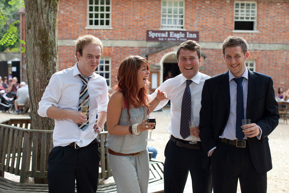 Laughter from the group following a playful moment