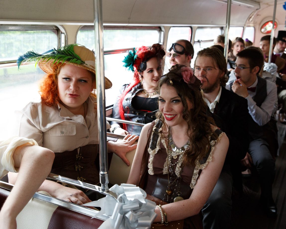 095 guests in steampunk regalia fill the wedding bus left bank leeds wedding reception linsey and chris