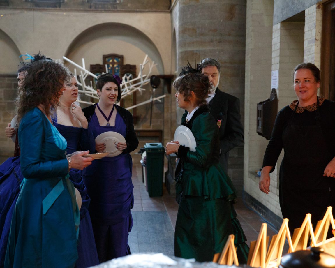 142 guests with plates in hand queueing left bank leeds wedding reception linsey and chris