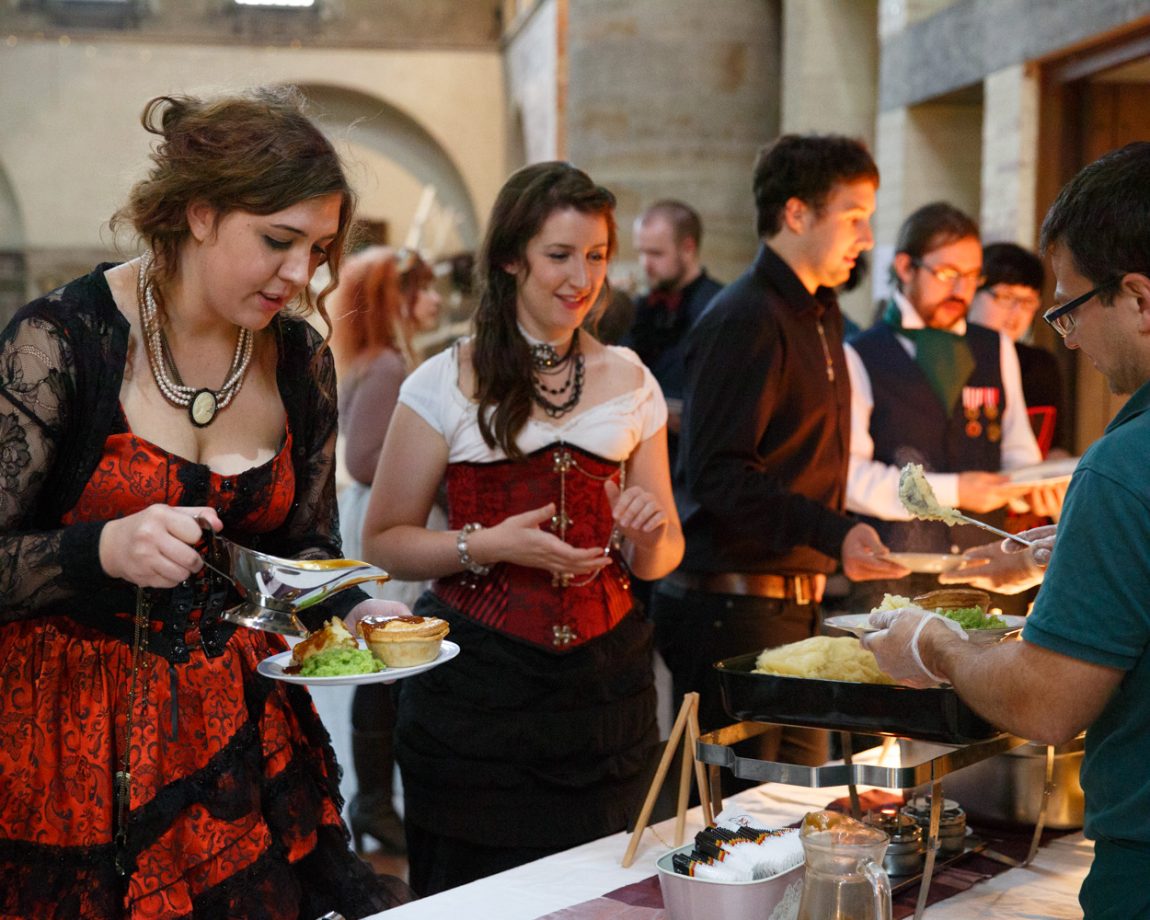 147 guests choosing their pies left bank leeds wedding reception linsey and chris