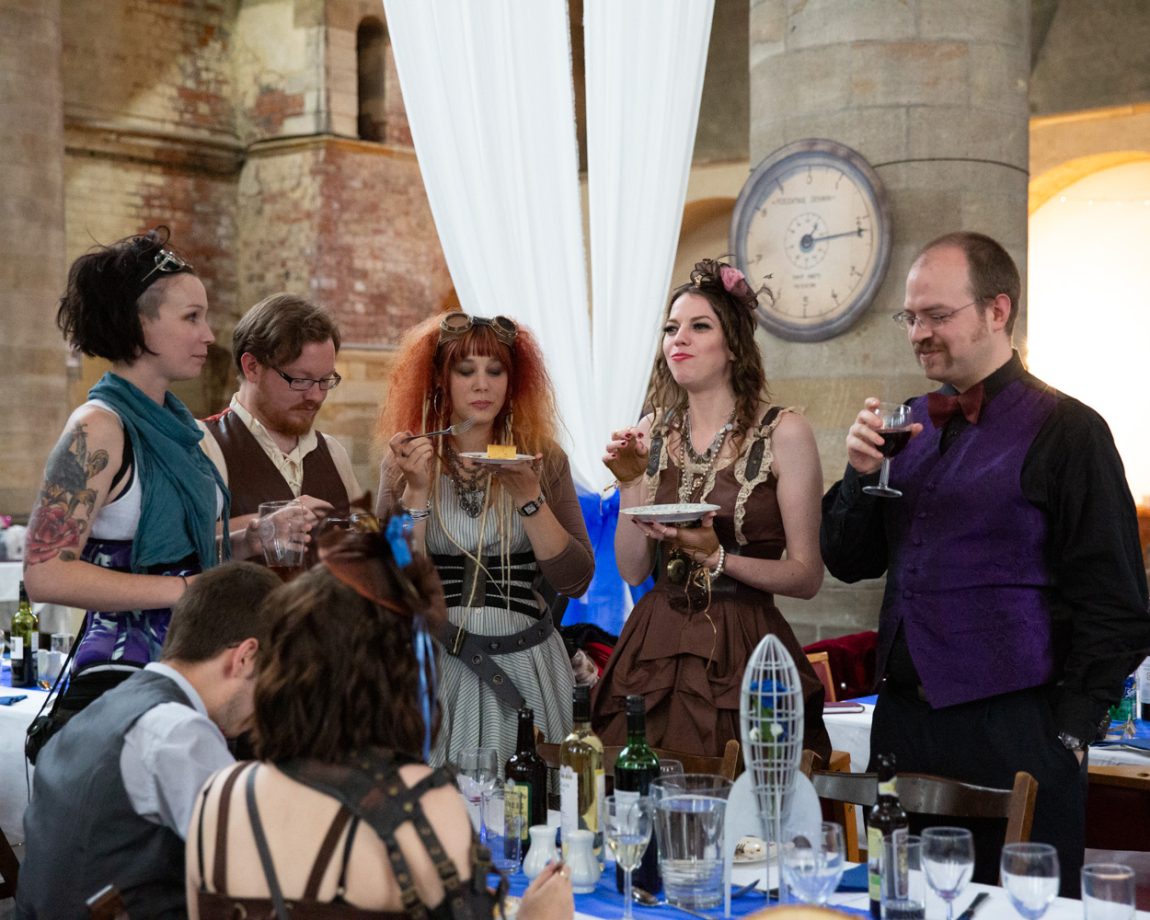 161 guests stood chatting deserts in hand left bank leeds wedding reception linsey and chris