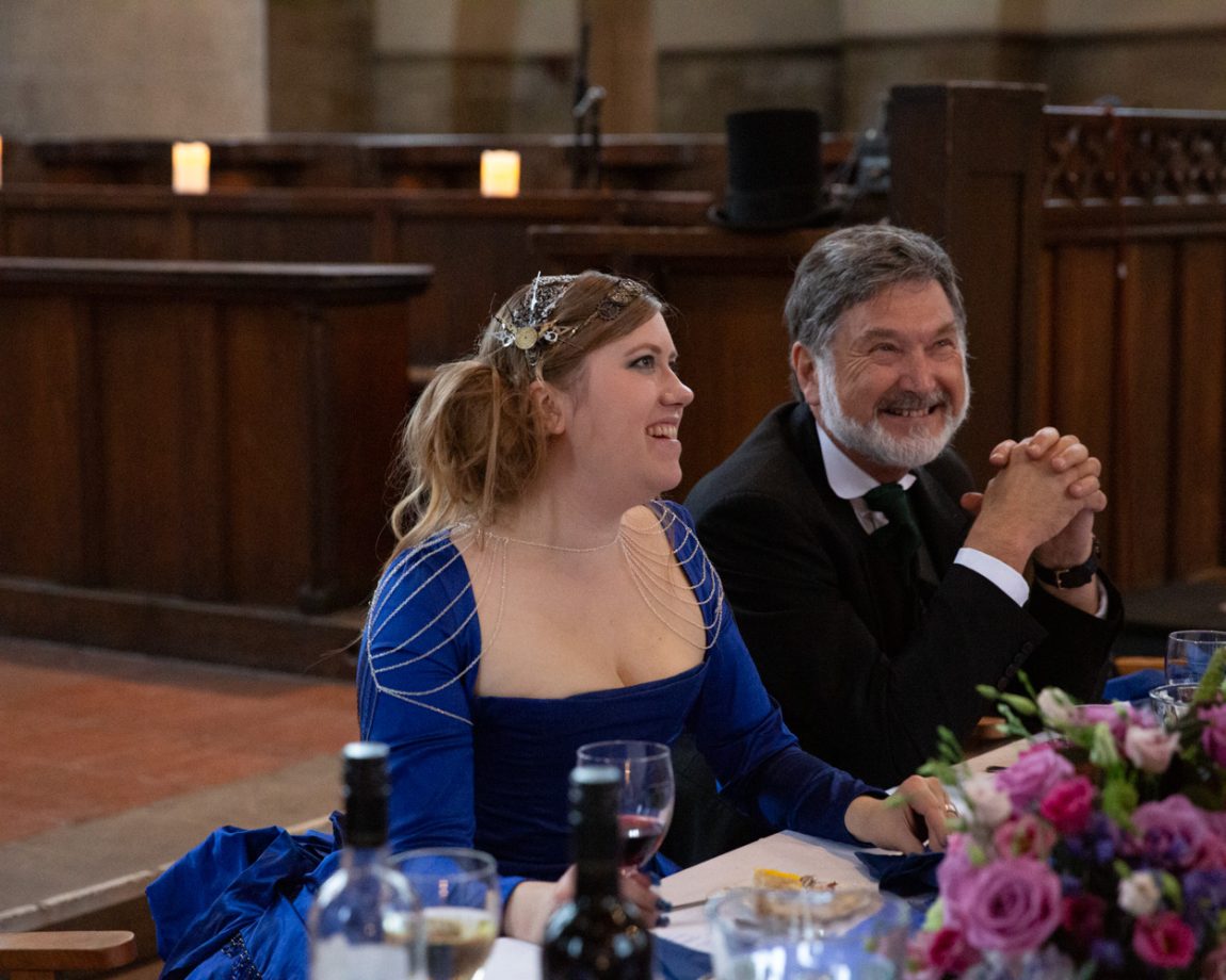 176 linsey and father in law talk left bank leeds wedding reception linsey and chris