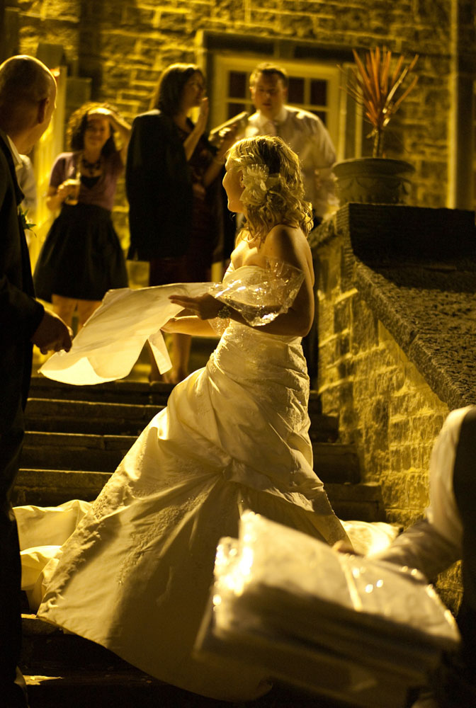 Outside, the bride in a yellow light