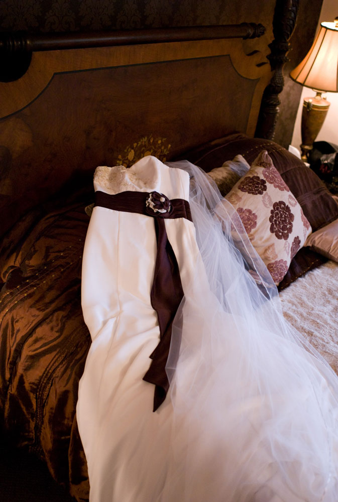 Bride's dress on the bed from above