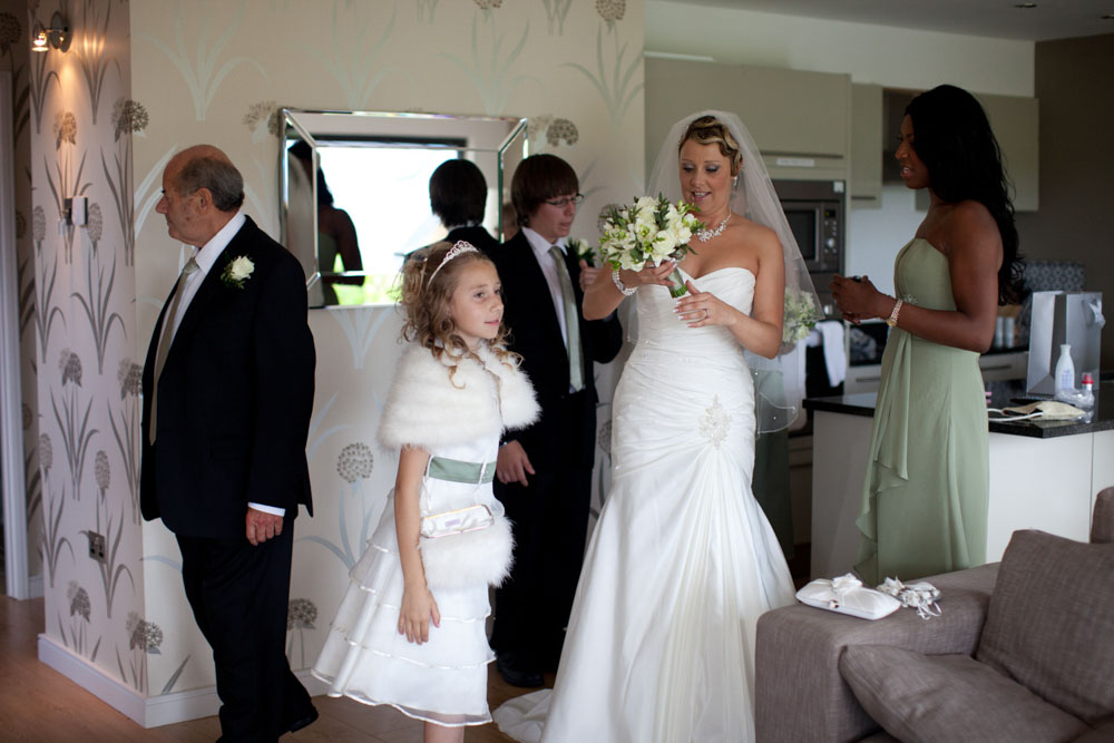 Bride checks her bouquet