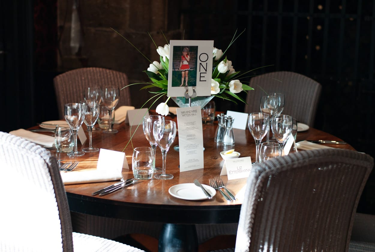 Table One with a framed childhood photo of the bride placed among the décor.