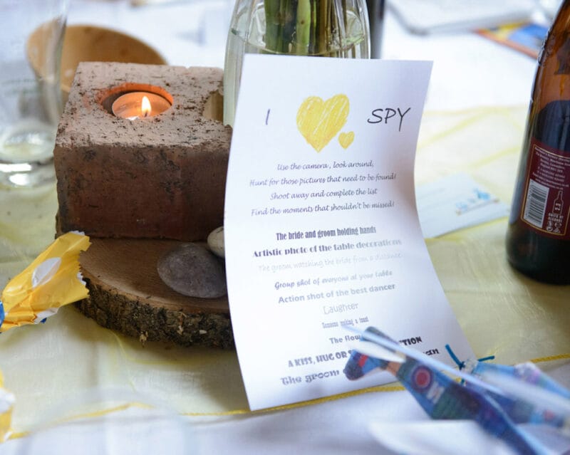 Gift table with “I Spy” game and wedding favours