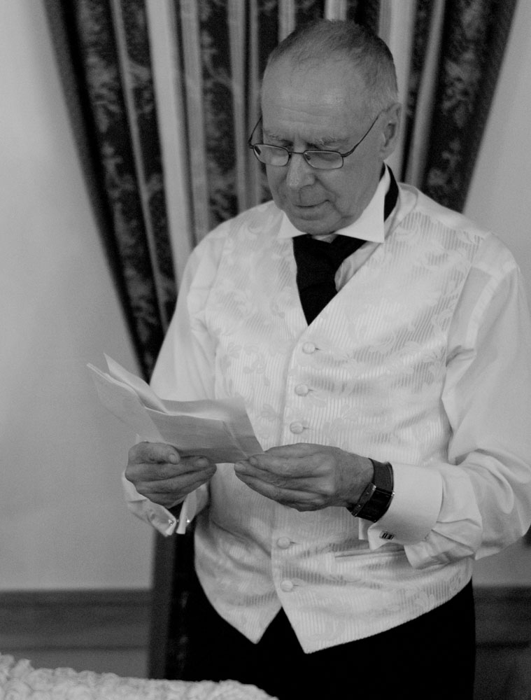 A black and white portrait of the father of the bride delivering his speech at this Yorkshire wedding.