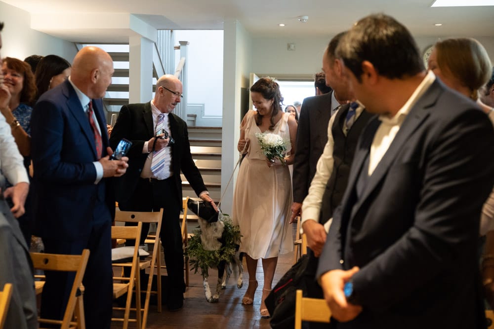 Bridesmaid walks with the couple’s dog down the aisle.