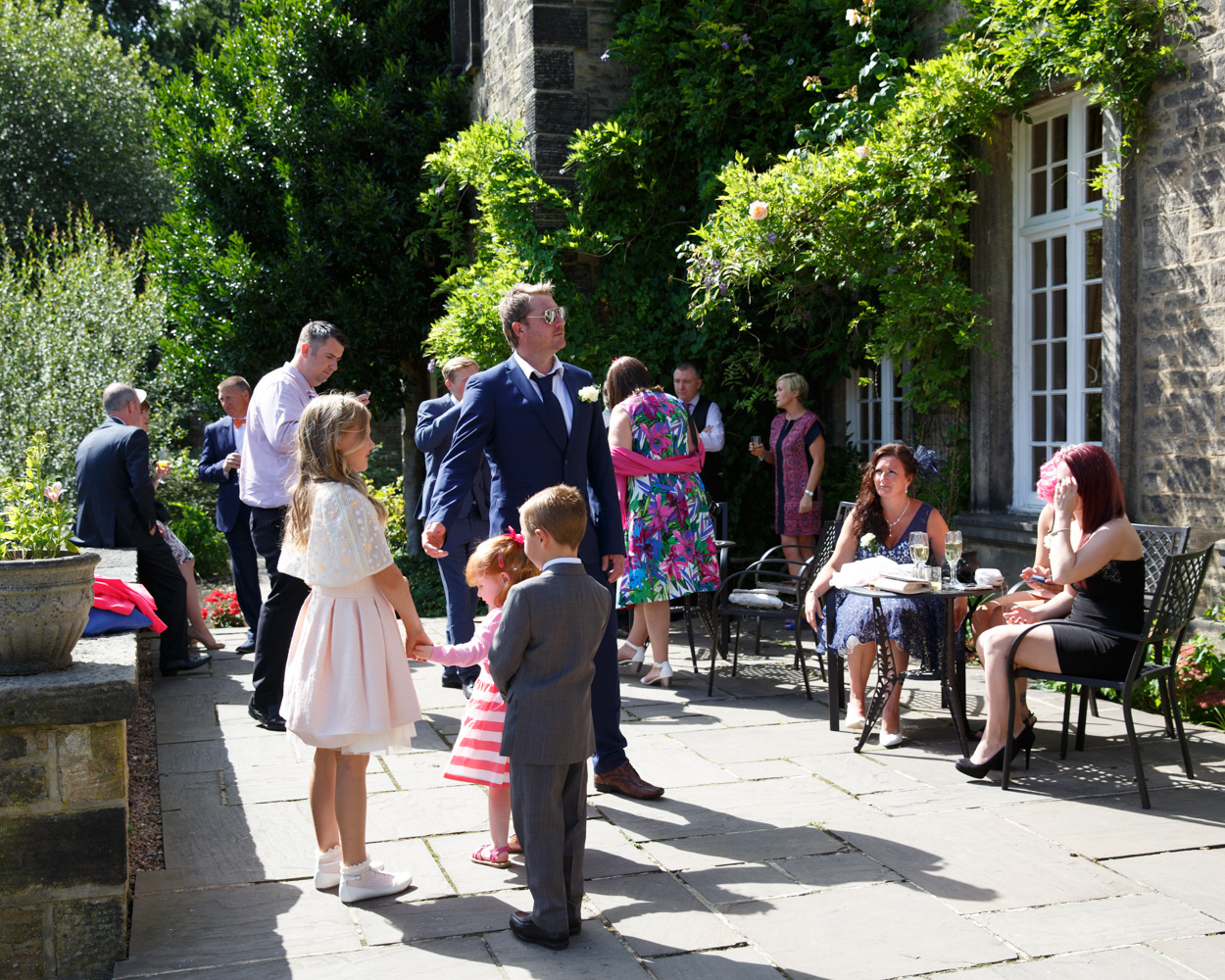 Guests mingle in the courtyard