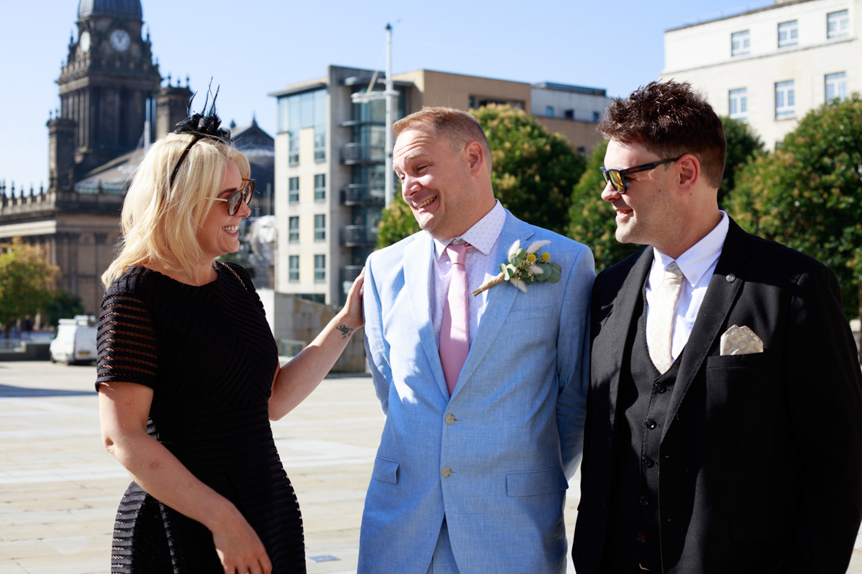 Groom and his sister arriving at a wedding at Leeds Civic Hall