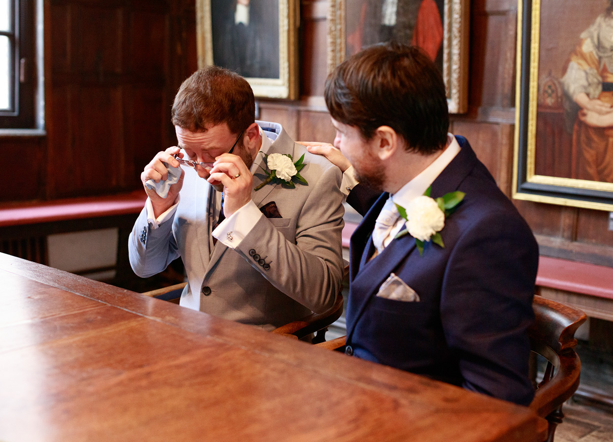 Emotional groom at Merchant Adventurers Hall