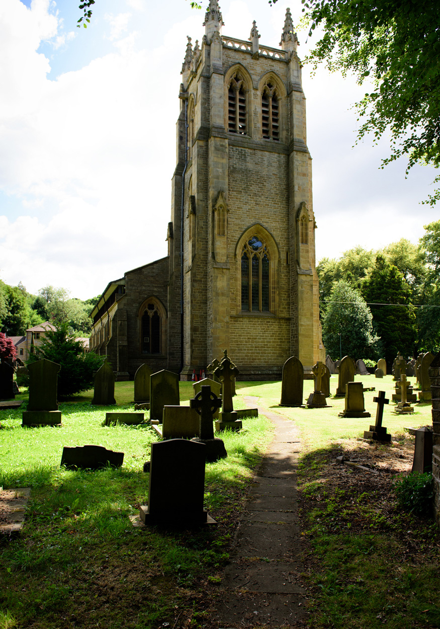 Portrait-style view of St Paul’s Church in light and shadow — wedding photography in West Yorkshire.